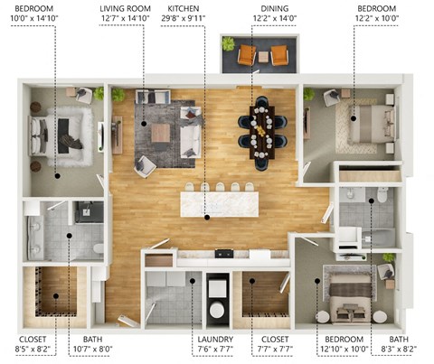 Floor plan for 3 beds, 2 baths, 1482 sqft